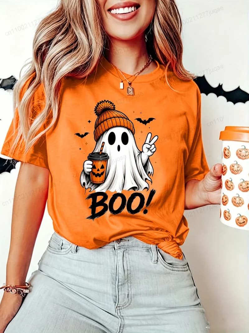 Women Halloween Ghost-Boo Print T‑Shirt Cute Ghost Coffee Bat Graphic Tees Short Sleeve Tops Halloween Party Female T‑shirts