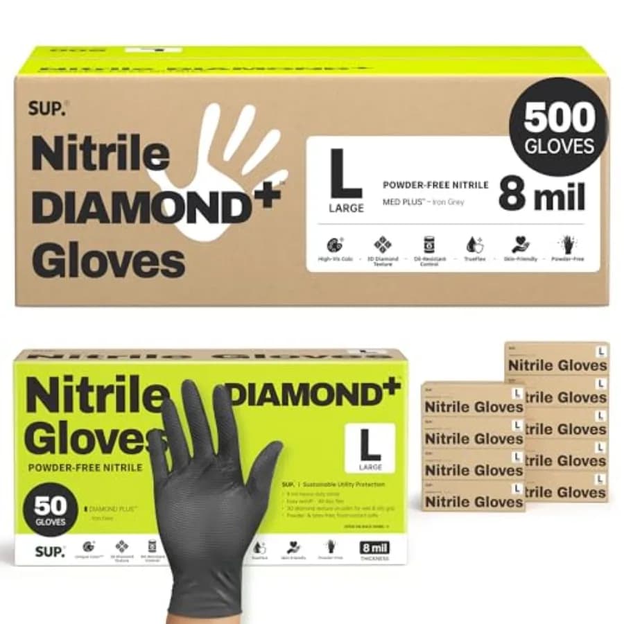 Guanti in Nitrile Monouso SUPER+ 8 Mil Senza Polvere di Diamante Senza Lattice Sicuri per Alimenti Resistenti agli Agenti Chimici Resistenti all'Uso Intensivo Neri 500 Pezzi