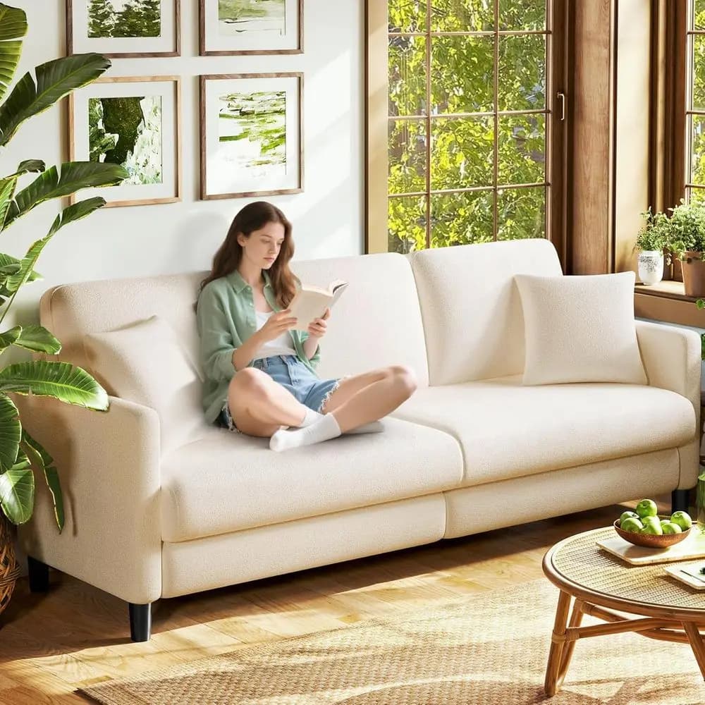 83-inch Living Room Sofa with 2 Pillows, Cream White, All-Wood Love Seat