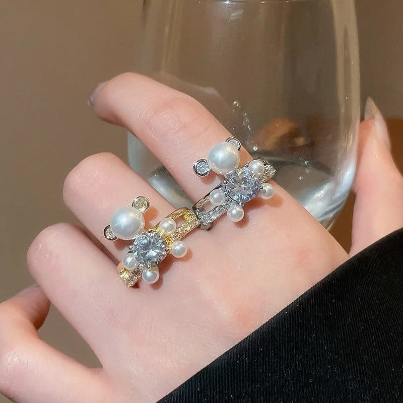 Anello Aperto con Zirconi e Perle a Forma di Orso, Gioiello di Lusso Elegante per Dito Indice, Accessorio di Moda per Uso Quotidiano Femminile