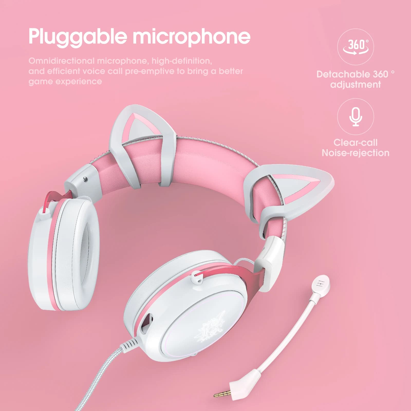 Professional Onikuma Headphones with RGB Light Cat Earrings Portable Pink Earphones with Noise Cancel microphone