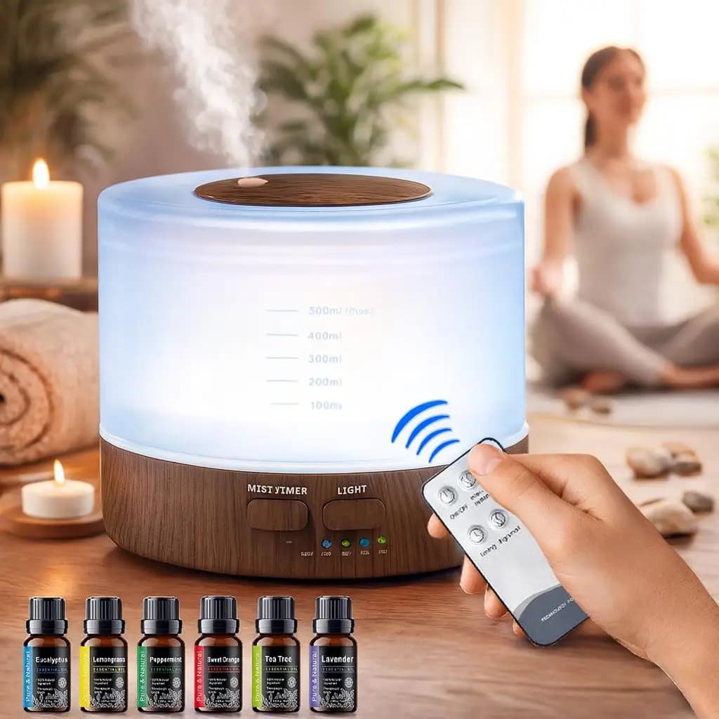 Elegante Set Diffusore Effetto Legno - Umidificatore a Nebbia Fredda da 500ml con Telecomando, 7 Colori LED e 6 Oli Essenziali per Casa/Ufficio