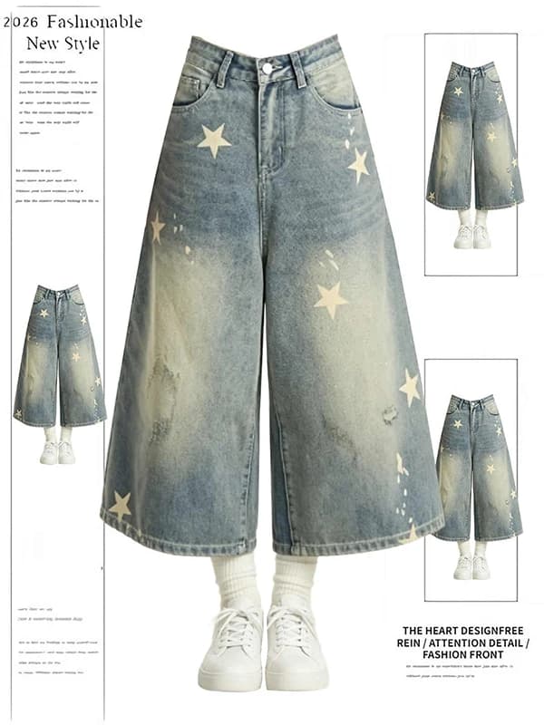 American Style Vintage Star Print Denim Shorts Women Summer Washed Loose Slim Wide Leg Casual Shorts High Waist Cotton Blend