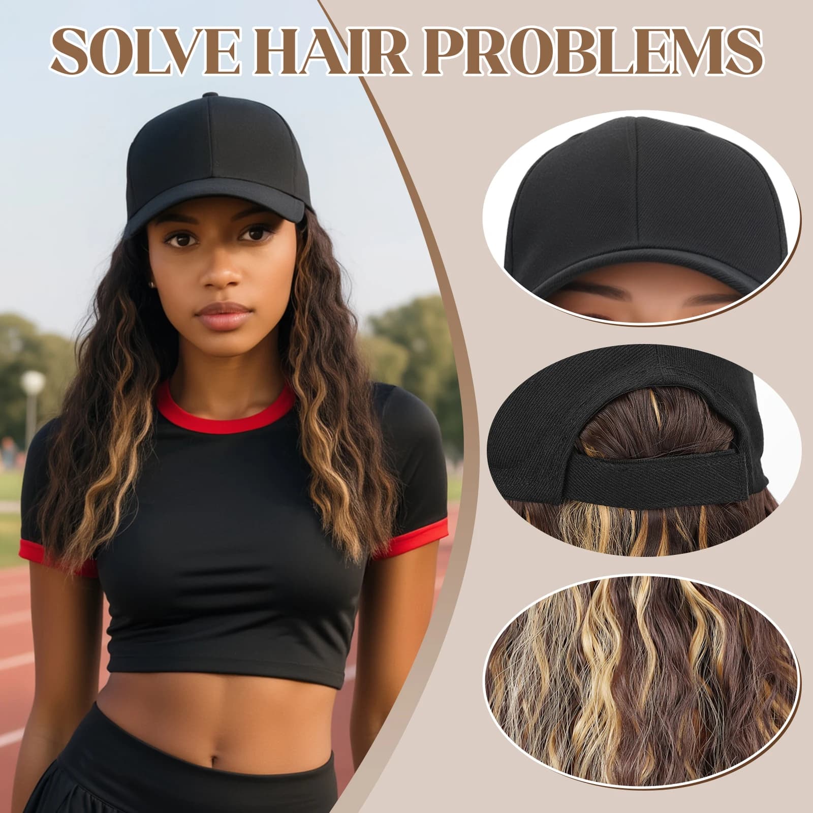 Parrucca per berretto da baseball Cappello per capelli sintetici ondulati da 18 pollici con acconciatura alla moda per le donne, feste all'aperto, abbigliamento quotidiano