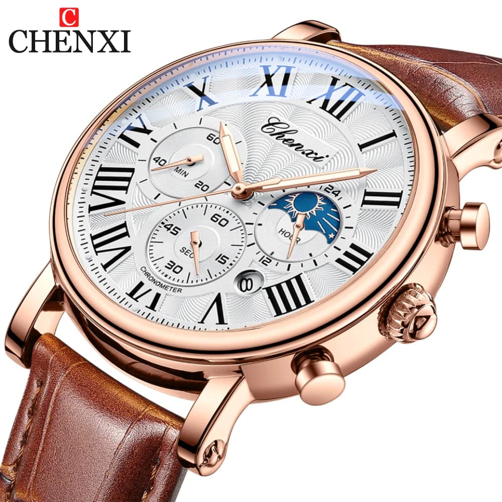CHENXI Fashion Business Orologi da uomo Orologio al quarzo di lusso superiore Cronografo con data automatica Orologio da polso impermeabile in pelle da uomo
