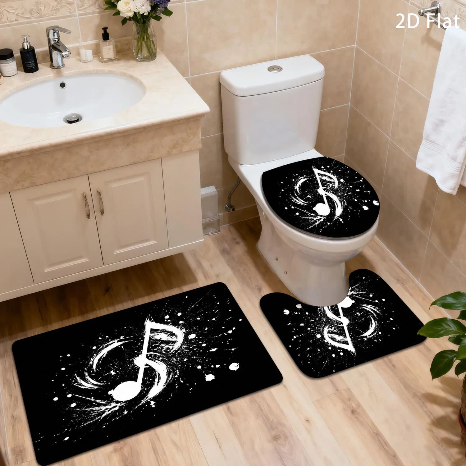 Set di tappetini da bagno decorativi con note musicali, tappetino antiscivolo per bagno, tappetino per WC, accessorio decorativo per WC in stile pop art bianco e nero