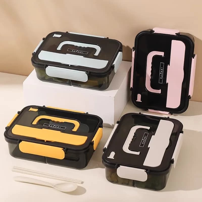 Contenitore per il pranzo in plastica da 1500 ml con 3 griglie Contenitore per alimenti sigillato sicuro per microonde per studenti adulti Impiegati Bento portatile con cucchiaio