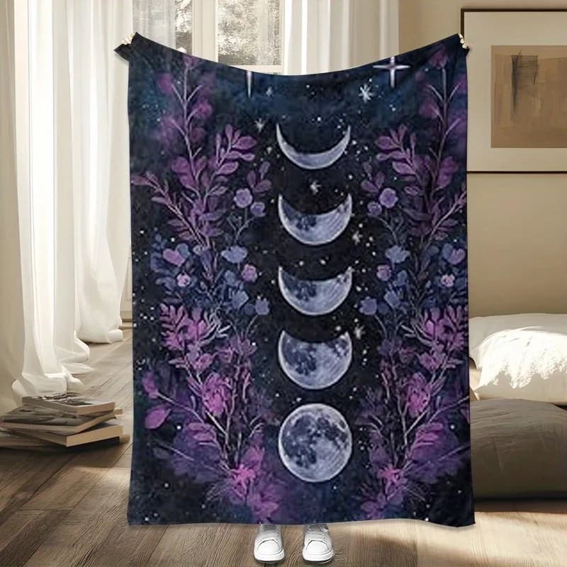 Gothic black lunar phase Flannel printed blanket suitable for all seasons suitable for living room office sofa and travel