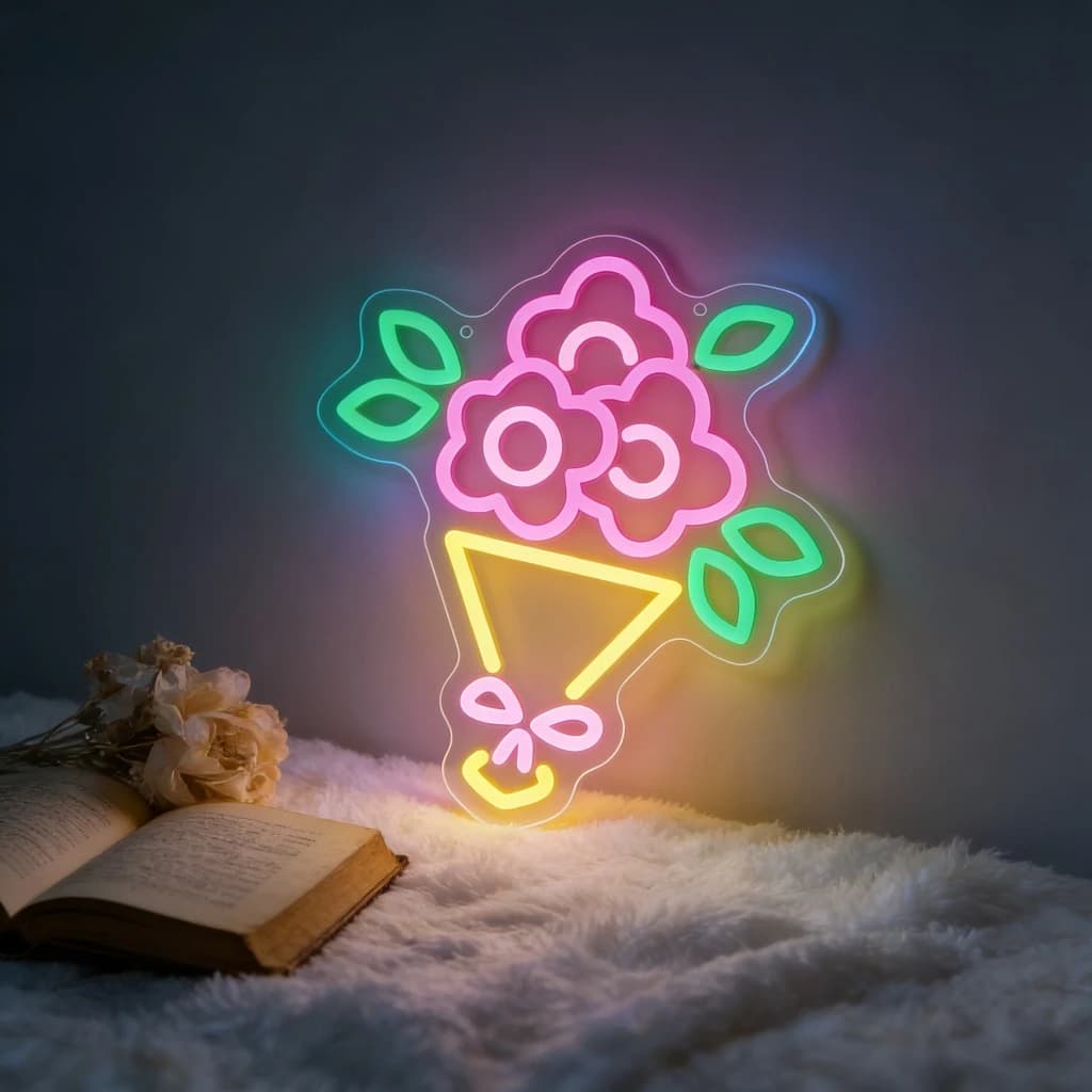 Insegna al Neon a Forma di Bouquet di Fiori, Luce LED Romantica per Negozio di Fiori, Matrimonio, Addio al Nubilato, Camera da Letto, Soggiorno, Decorazione Murale Dimmerabile