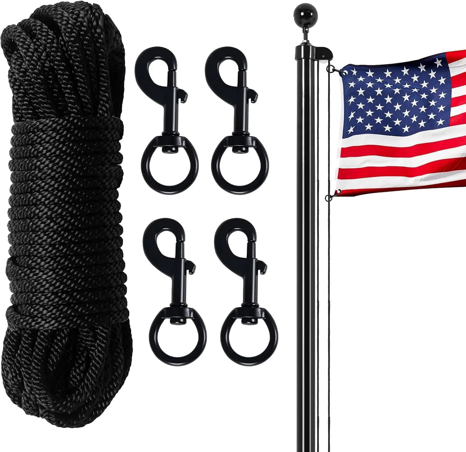 50Ft x 1/4" Nylon Flagpole Rope Kit with 4 Zinc Alloy Snap Hooks for Outdoor Use, Clothesline, Camping, Dog Leash, Swing (Black)