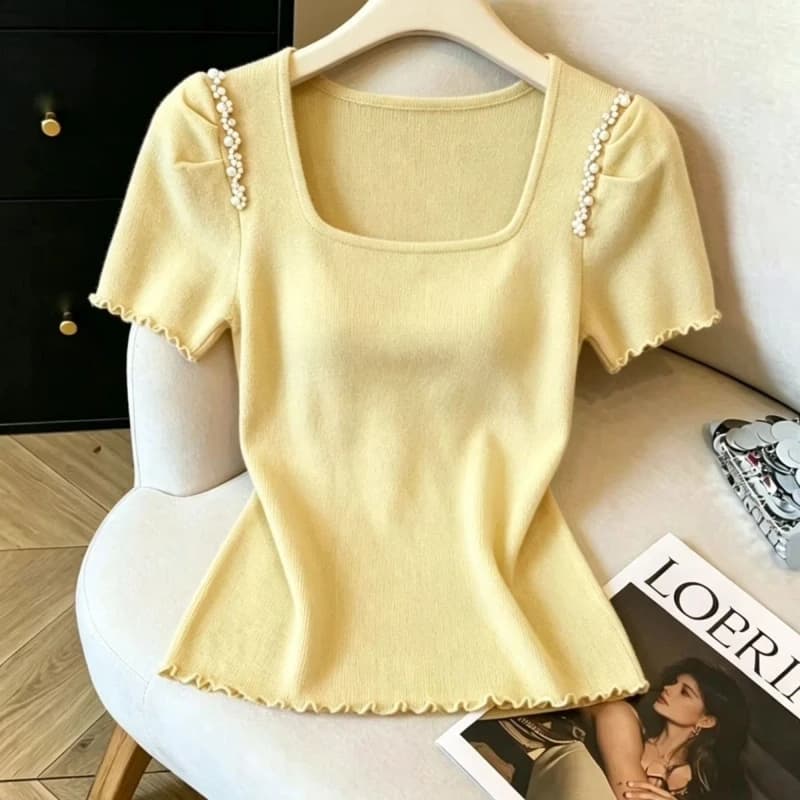 Short Sleeve Solid Simplicity Ice Silk Slim Korean Pullovers Women Clothing Slim All-match Sweet T Shirts Elegant Korean Summer