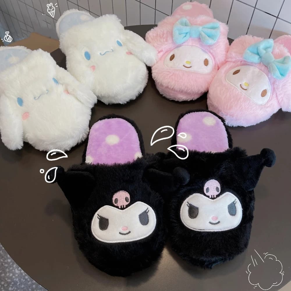 Pantofole in Peluche Sanrio Cartoon Kuromi Melody Cinnamoroll da Donna, Scarpe Invernali Kawaii Anime in Cotone per Interni, Antiscivolo, Carine per Ragazze