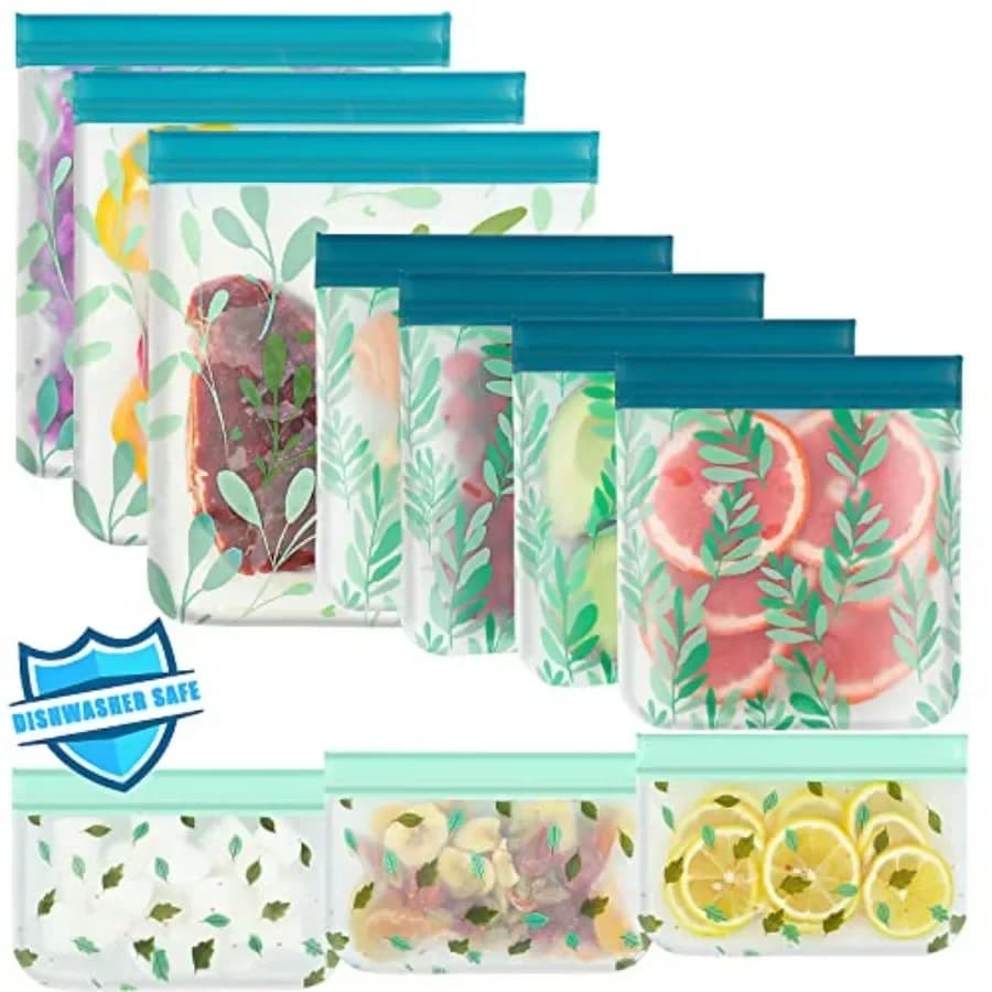Dishwasher safe PEVA food storage bags, clear, leak-proof reusable freezer bags for home, travel makeup organization, BPA-free