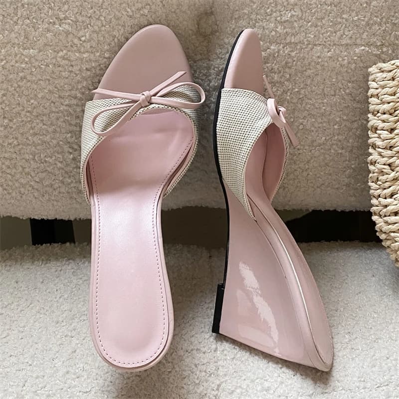 Aneikeh Eleganti Ciabatte con Zeppa Rosa e Fiocco, Sandali Estivi da Donna con Cinturino in Lino e Punta Aperta, Scarpe Casual Slip-on