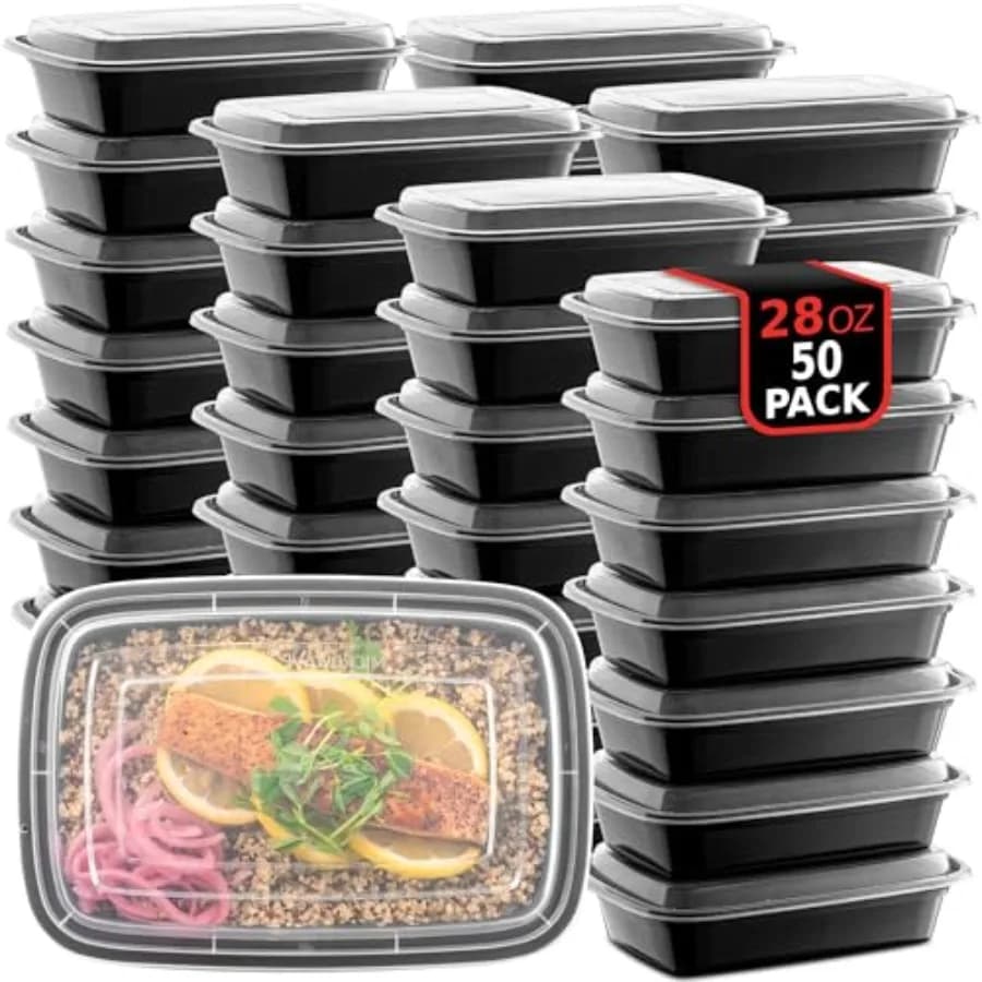 Confezione da 50 Contenitori Riutilizzabili per Preparazione Pasti, Adatti al Microonde, con Coperchi, 28 oz - 1 Scomparto, per Asporto