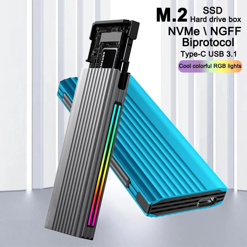 Scatola di immagazzinaggio SSD M.2 Luce ambientale RGB NVMe/NGFF Disco rigido esterno a doppio protocollo Scatola per disco rigido rimovibile per computer senza attrezzi 20G