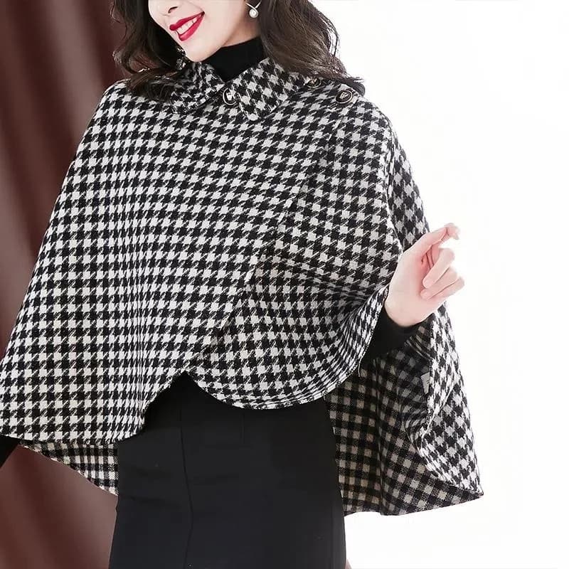 Cloak Woolen Coat Fashion Women Shawl Outerwear 2026 New Autumn Winter Houndstooth Plaid Loose Thin Jacket Tops Female