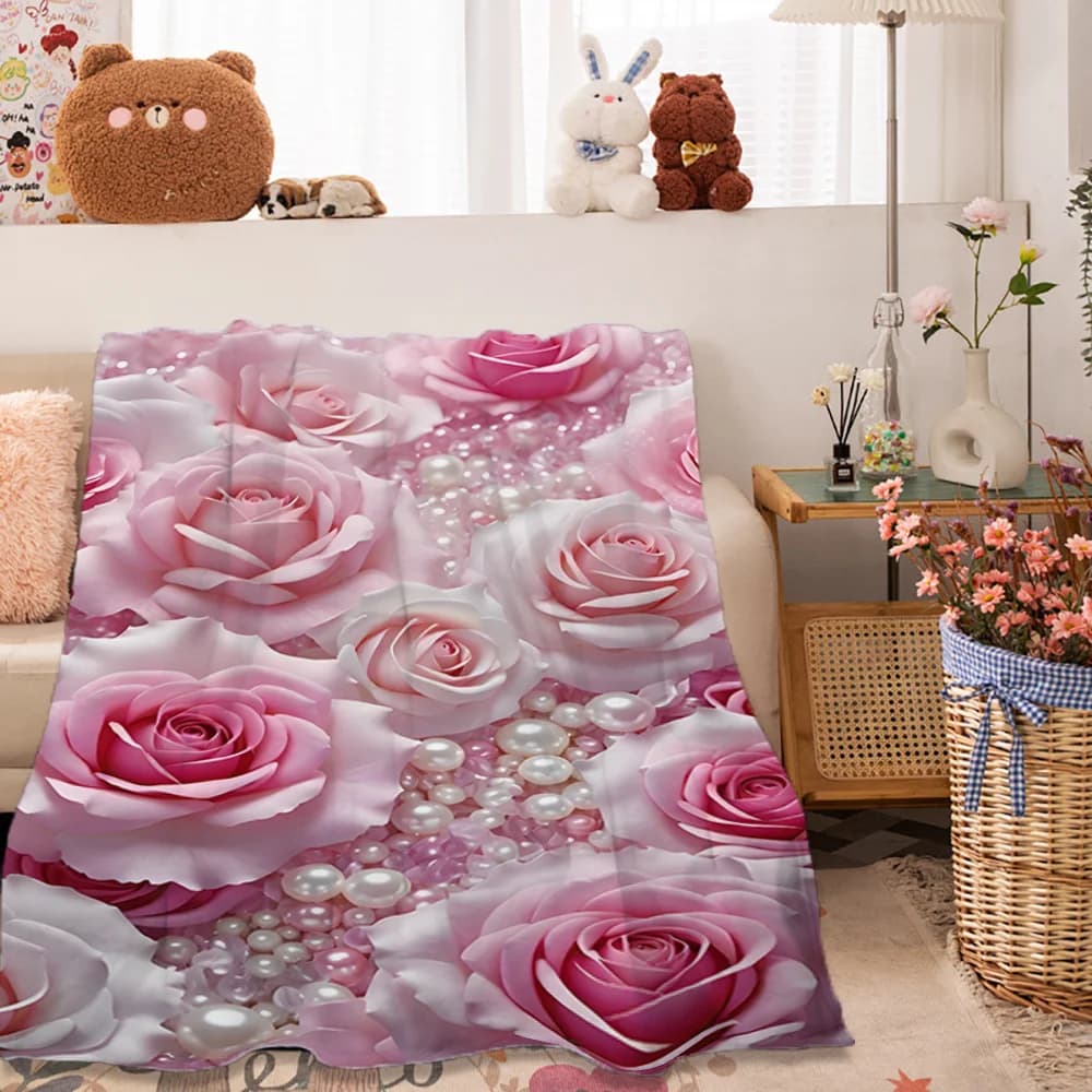 Luxurious Pink Rose & Pearl Print Flannel Throw Blanket - Soft All-Season Cozy Bedspread with Elegant Rose & Pearl Design, Machi