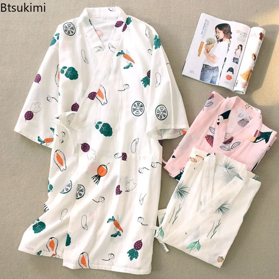 Accappatoio da donna primaverile ed estivo 100% garza di cotone Camicia da notte Kimono Pigiama Stampa Maniche lunghe Indumenti da notte Pigiama Camicia da notte