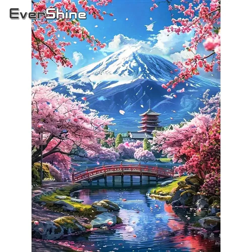 Evershine Diamond Painting Cherry Blossom Embroidery Mountain Bridge Picture Diamond Mosaic Landscape Rhinestones Handmade Hobby