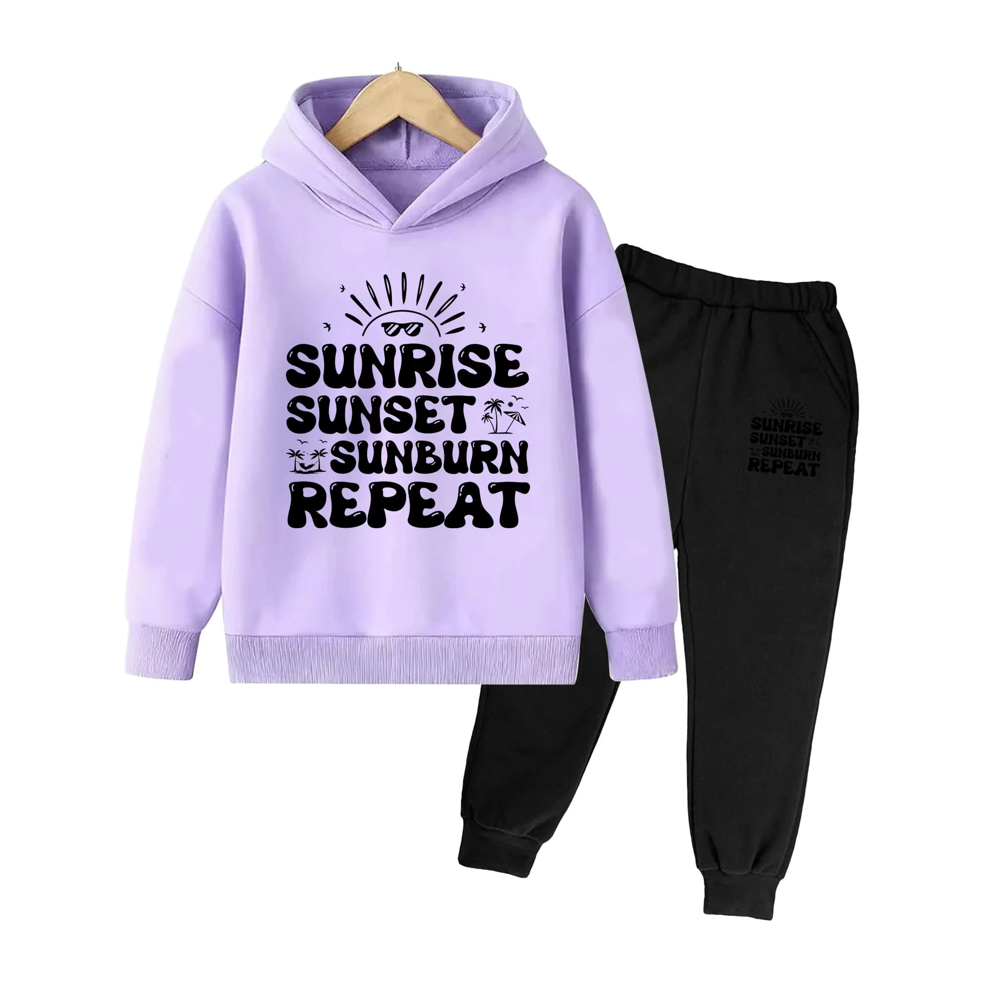 Sunrise Sunset Print Kids Hoodie & Sweatpants Set, Casual Long Sleeve Outfit for Boys Girls Beach Daily Wear