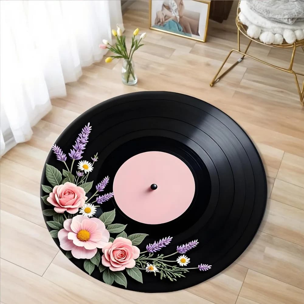 Carpet with classic pattern of vinyl records for living room, bedroom, decoration, anti-slip mat, gift for music lovers, home carpet, zerbino