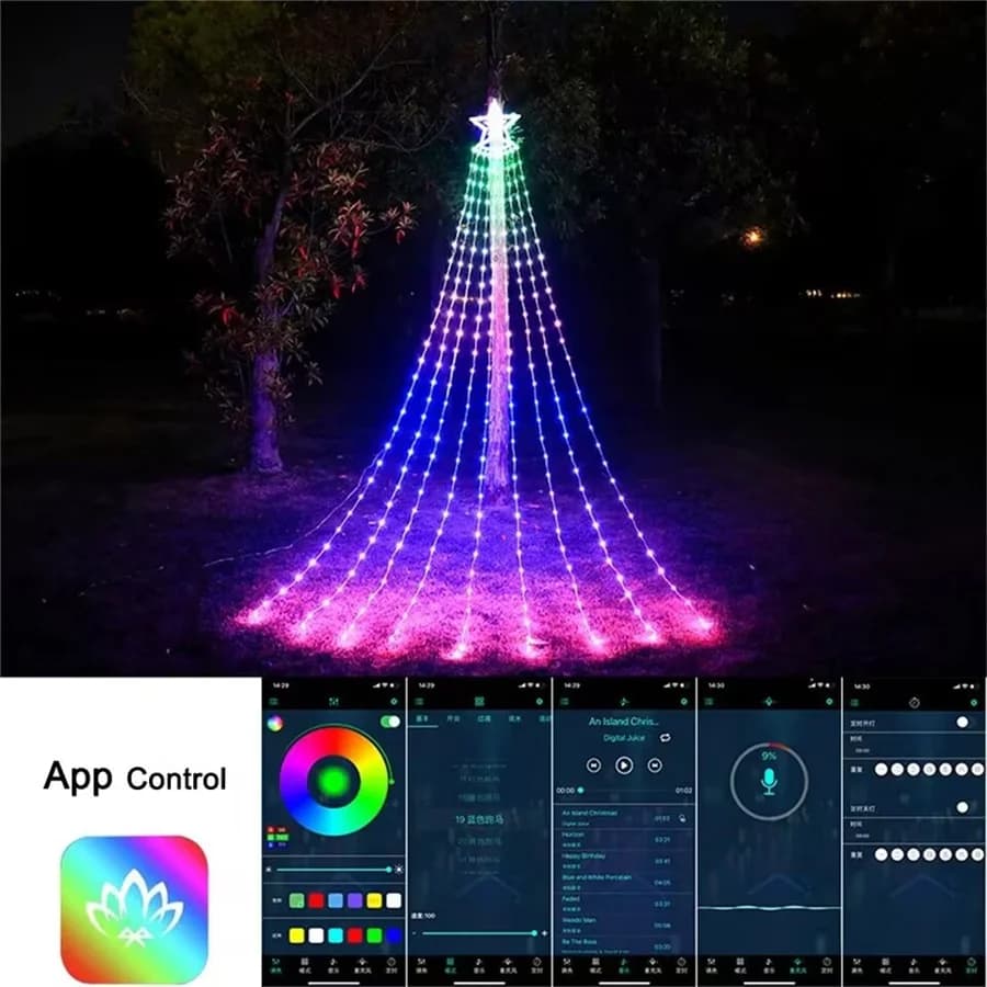 2023 New 9x2.8M Smart App Control RGB Waterfall Light Outdoor Christmas Fairy String Lights Garland for Party Garden Patio Decor