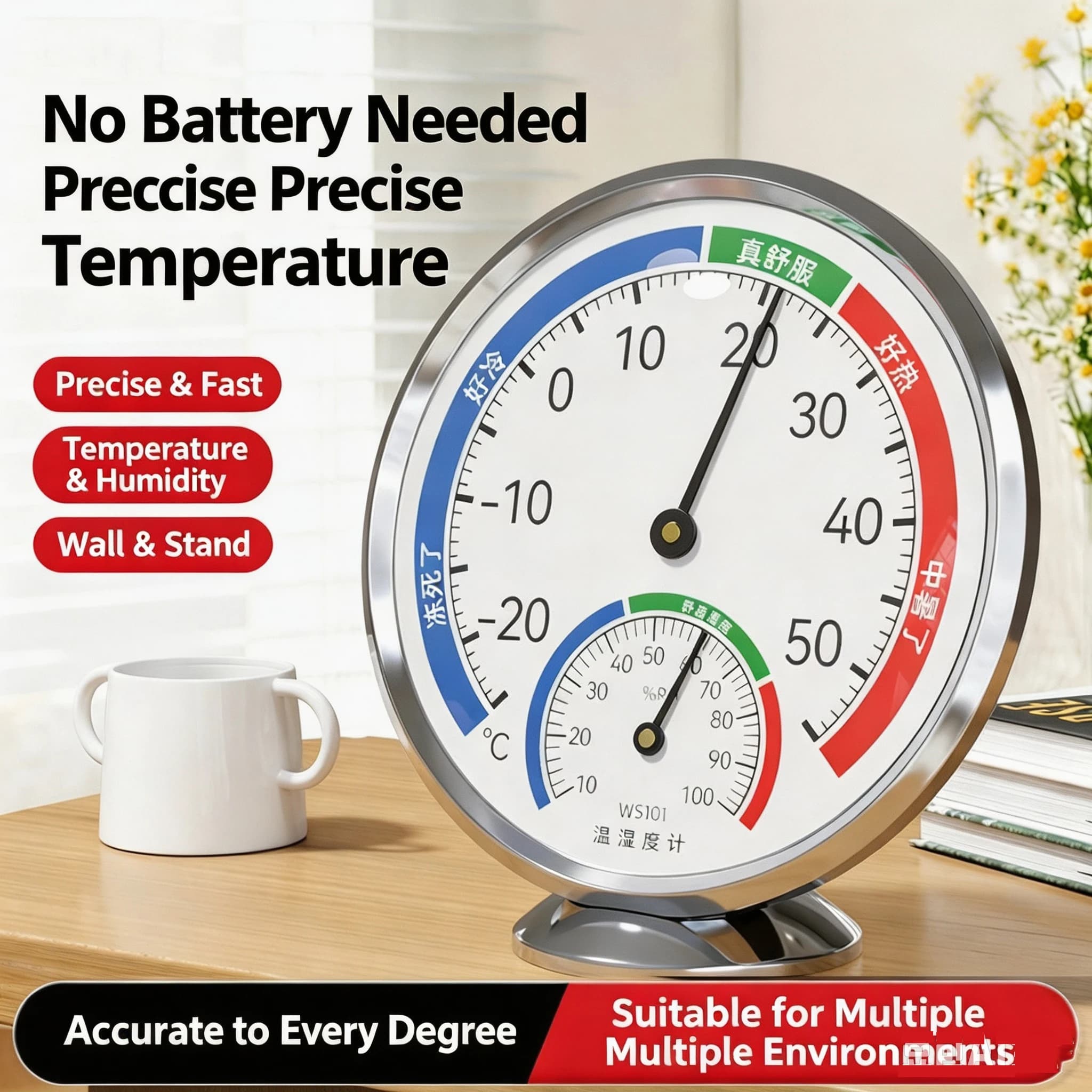 Battery-Free Indoor Thermometer Hygrometer Accurate Temperature Humidity Gauge Wall & Table Dual Use Physical Induction