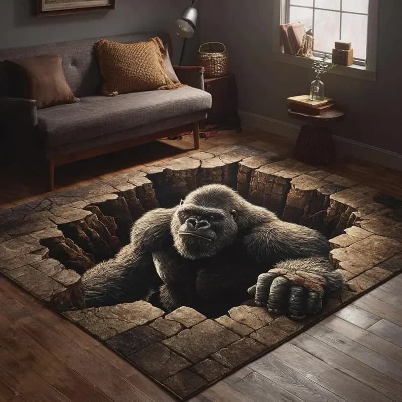 2D Gorilla Pit Area Rug Jungle Illusion Carpet Unique Floor Decor Mat for Room Rugs