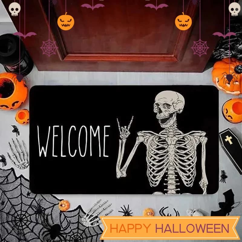 Skull Funny Welcome Doormat Non Slip Indoor Outdoor Entrance Rug Halloween Party Decor Mat Set Gift