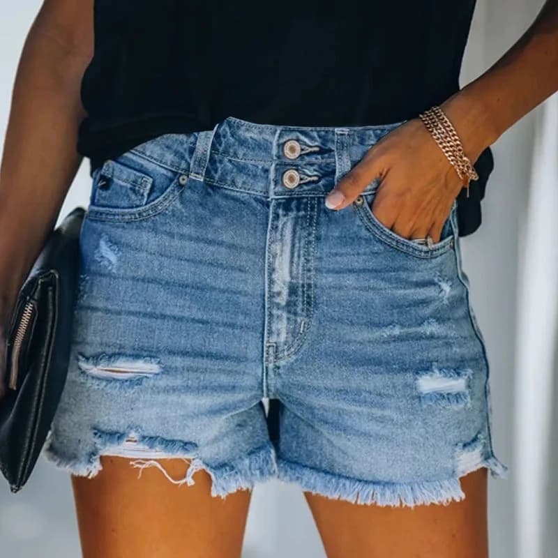 High Waist Women's Jeans Four Colors Hole New Denim Pants Summer 2025 Standard Fit High Elasticity Distressed Denim Shorts