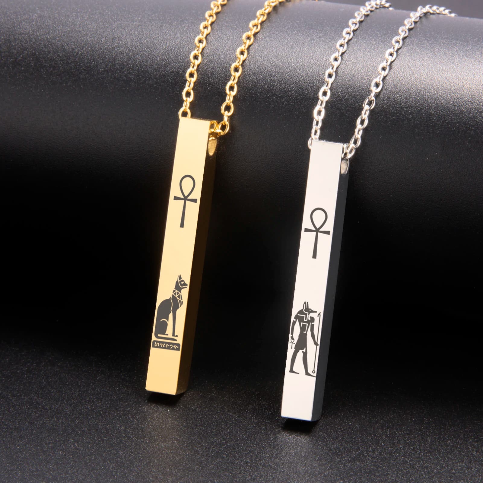 Lemegeton Egyptian Cat Goddess Bastet Necklace Stainless Steel Ancient Egypt Ankh Cross Symbol Necklaces Square Amulet Jewelry