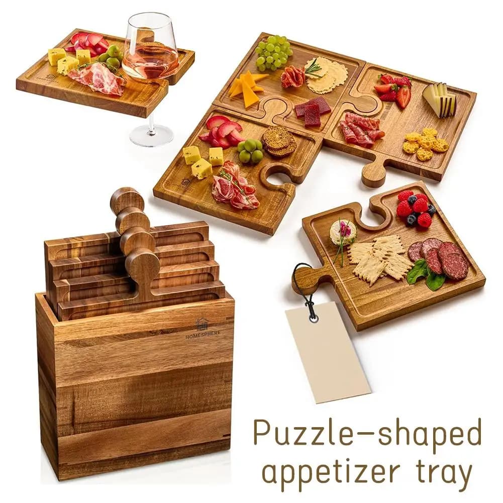 Set of Four Trays in Shape of Puzzle in Wood for Appetizers, Kitchen Cutters for Cheeses, Bread and Cold cuts