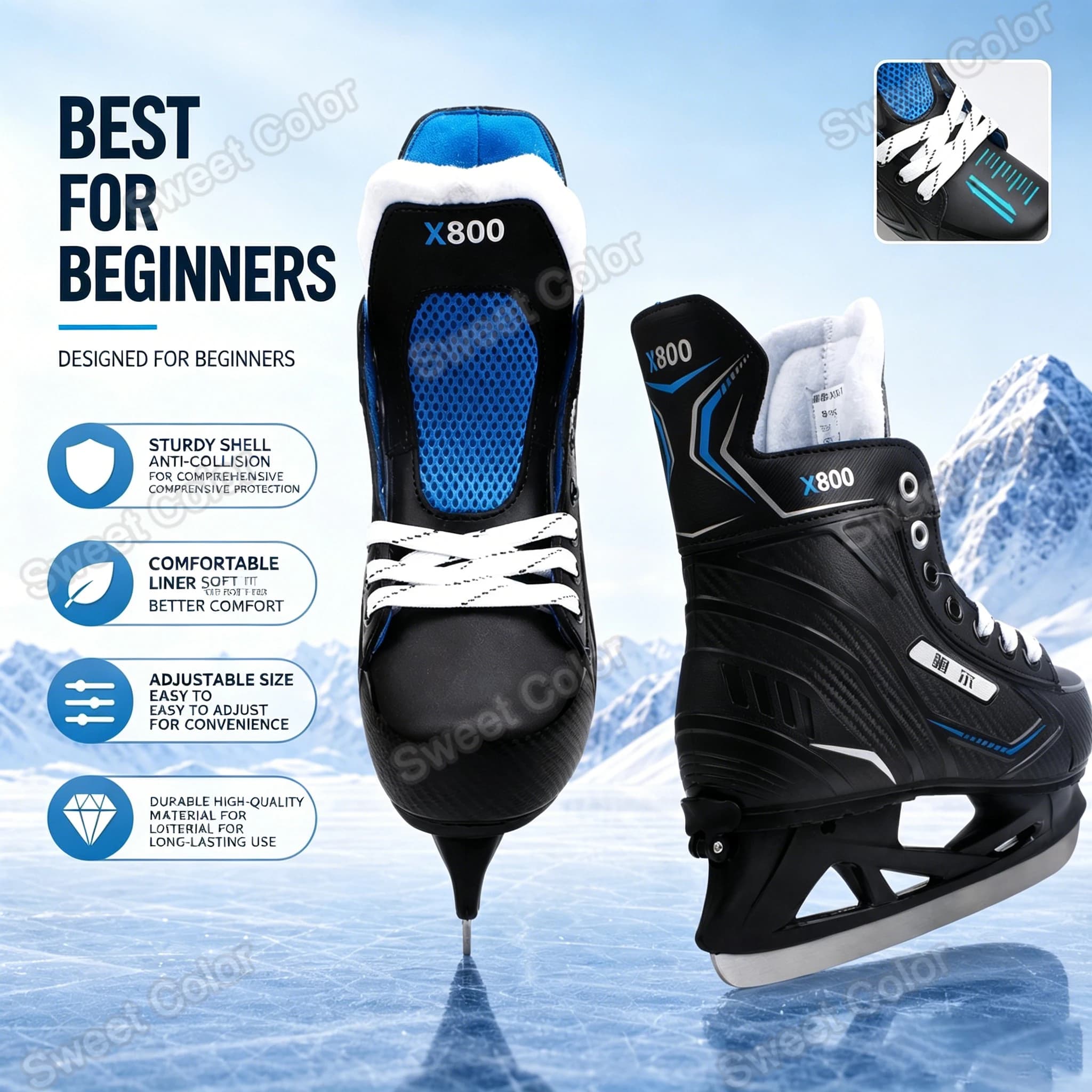 Size Adjustable Ice Hockey Skates Winter Thermal Warm Ice Skating Shoes Winter Outdoor Durable Real Ice Blades for Beginner