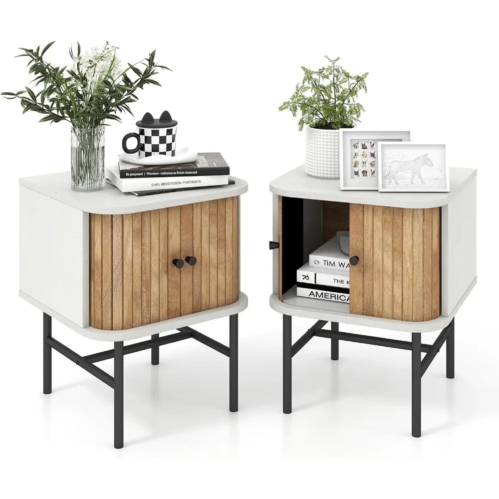 Comodino moderno Mid-Century, set di 2, comodini in legno con ante scorrevoli e 4 gambe in metallo