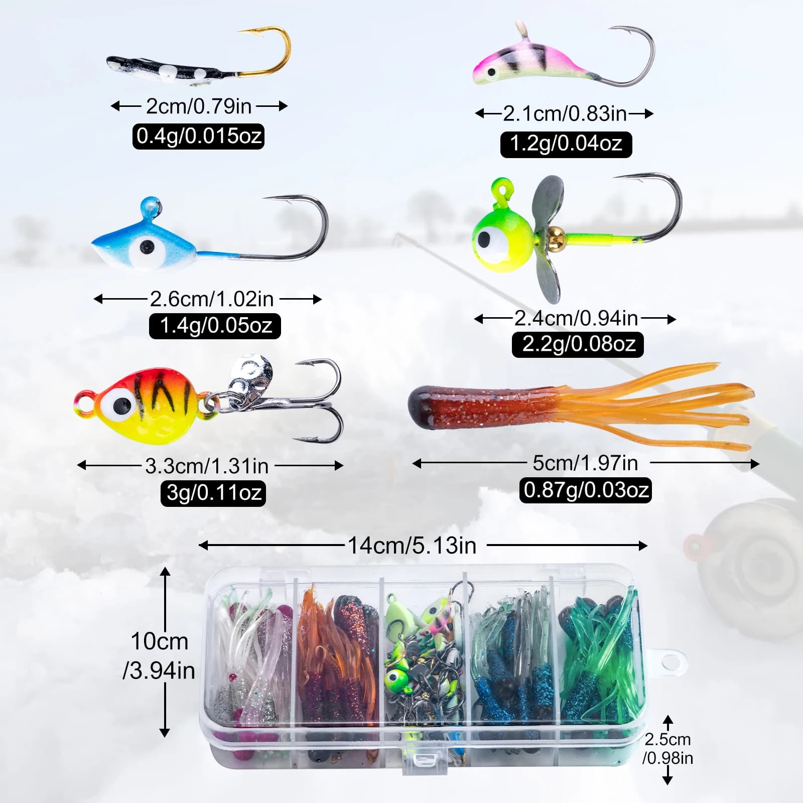 Set of Ice Fishing Esche Goture - Luminous Esche in Cucchiaio, Spinner, Soft baits, Sharp loves, Toolbox, Professional Equipment