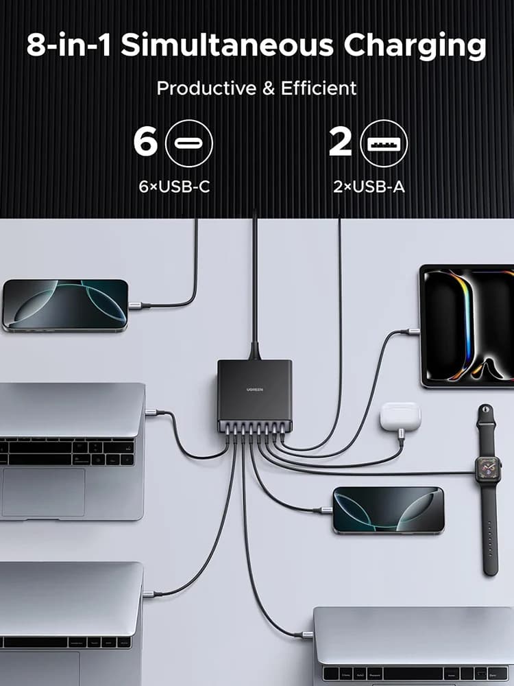 UGREEN Nexode Stazione di Ricarica USB C GaN da 200W, Caricatore da Scrivania a 8 Porte per Ricarica Laptop e Smartphone