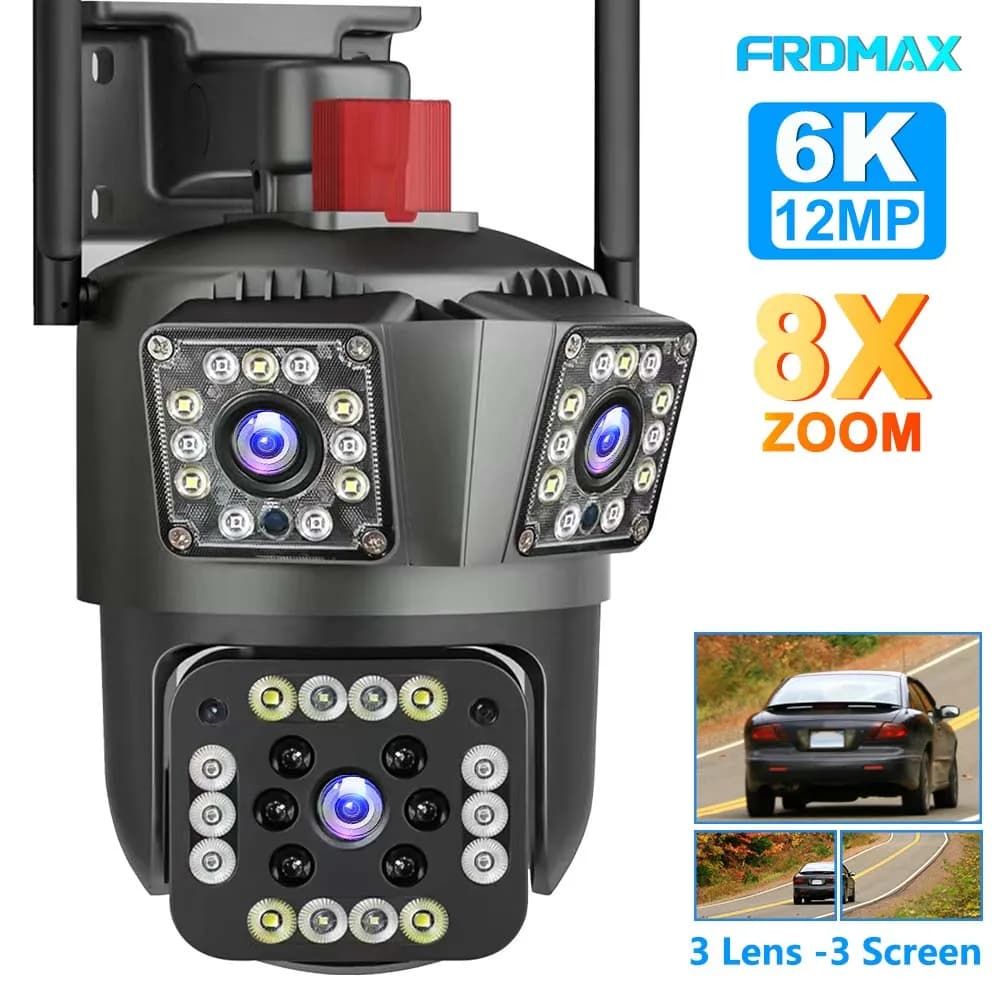 Telecamera di sicurezza WiFi 6K da 12 MP, Zoom 8X a tre obiettivi, Telecamera di sorveglianza, Tracciamento AI, Telecamera di sicurezza per esterni, Telecamera IP 4K da 8 MP, Casa intelligente, Telecamera Wi-Fi PTZ 360