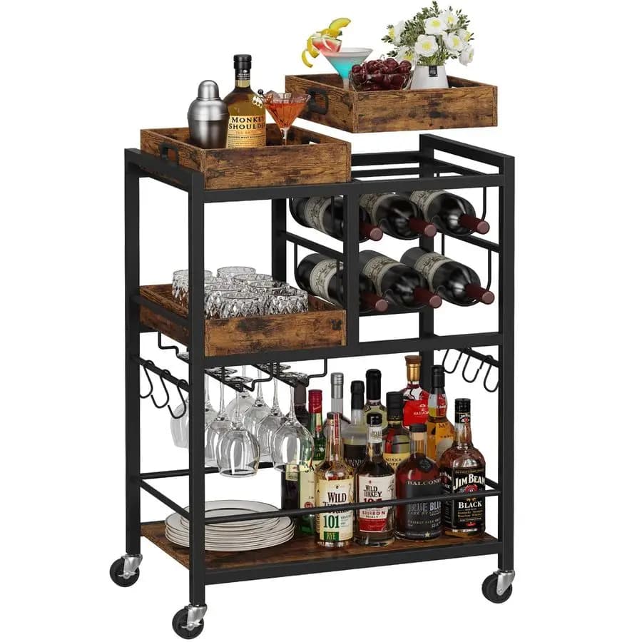 Carrello Bar, Carrello Bar da Casa, Carrello da Cucina a 3 Livelli su Ruote, Carrello Portabevande con Portabottiglie e Portabicchieri, Marrone BC0