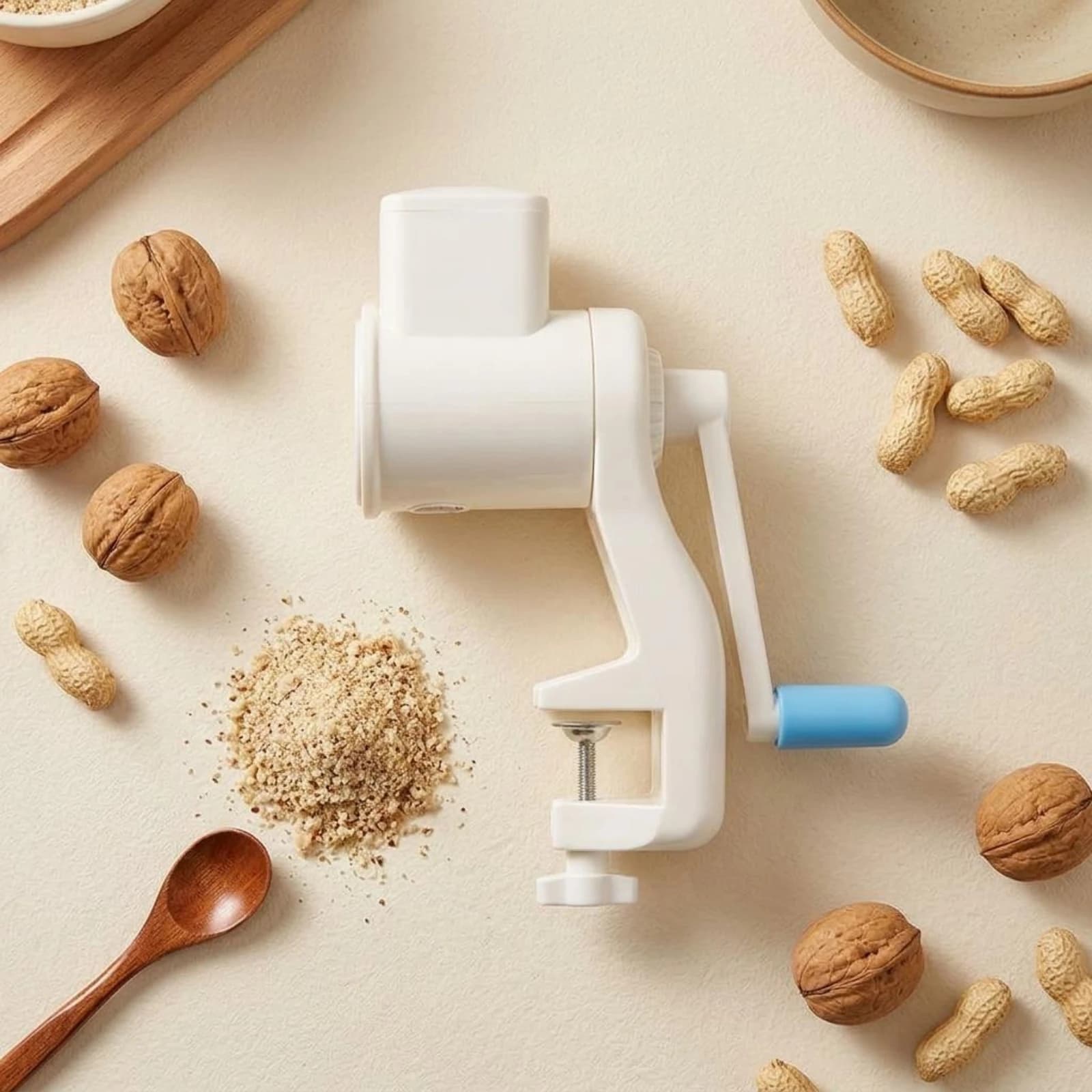 Hand Crank Nut Grinder Stainless Steel Blades Manual Nut Grinder Kitchen Tool Non-Skid Base Hinged Lid for Home