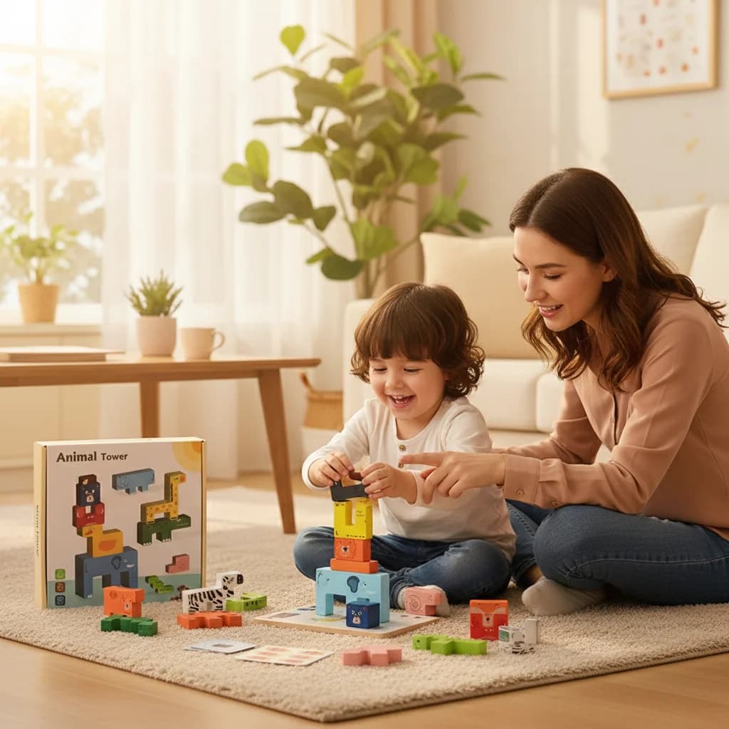 Blocchi Puzzle in Legno a Forma di Animali - Gioco di Impilamento Tetris per Bambini, Giocattolo Educativo in Legno Naturale