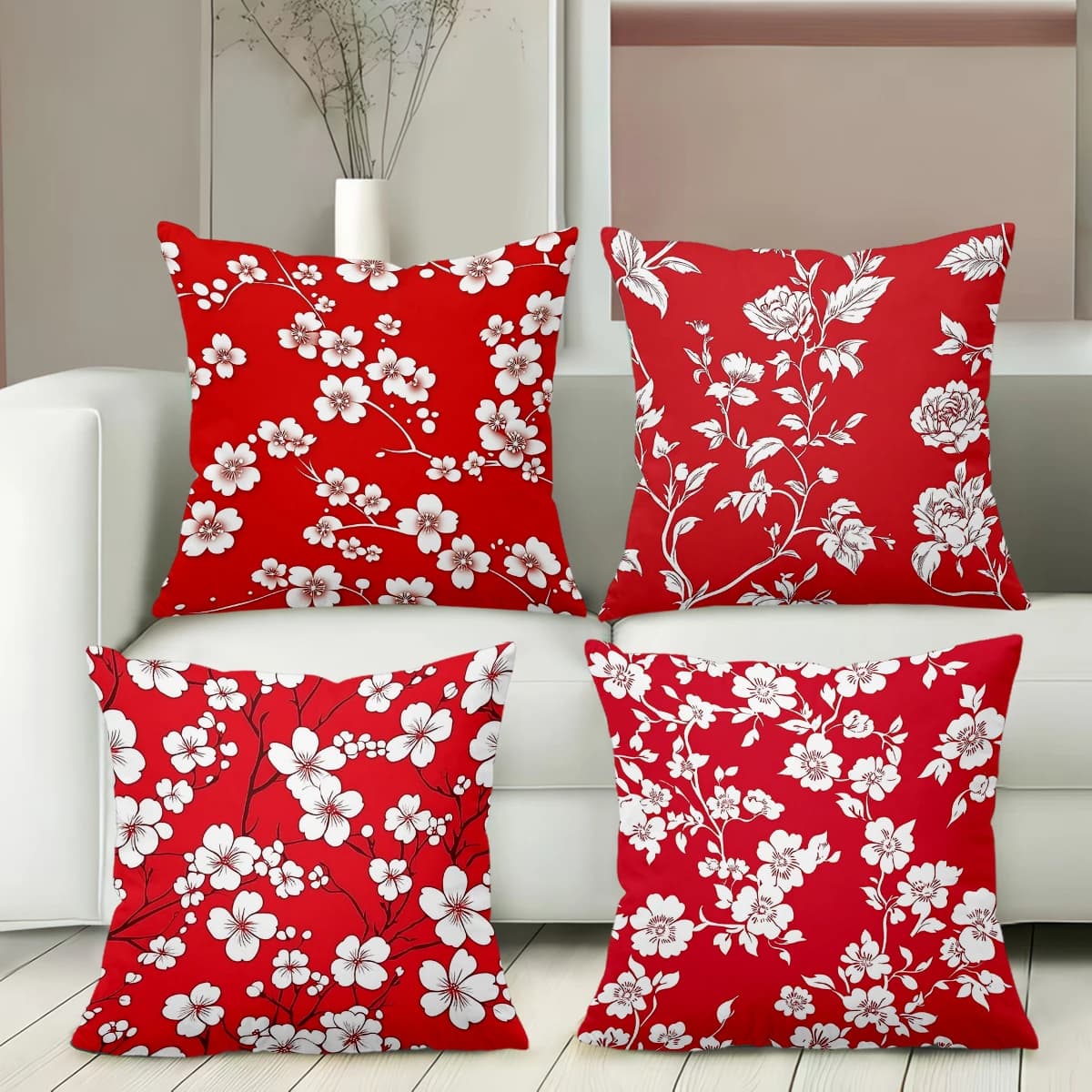 Set di 4 Copricuscini Vintage con Motivo Floreale Rosso, Adatti per Divano, Camera da Letto, Auto