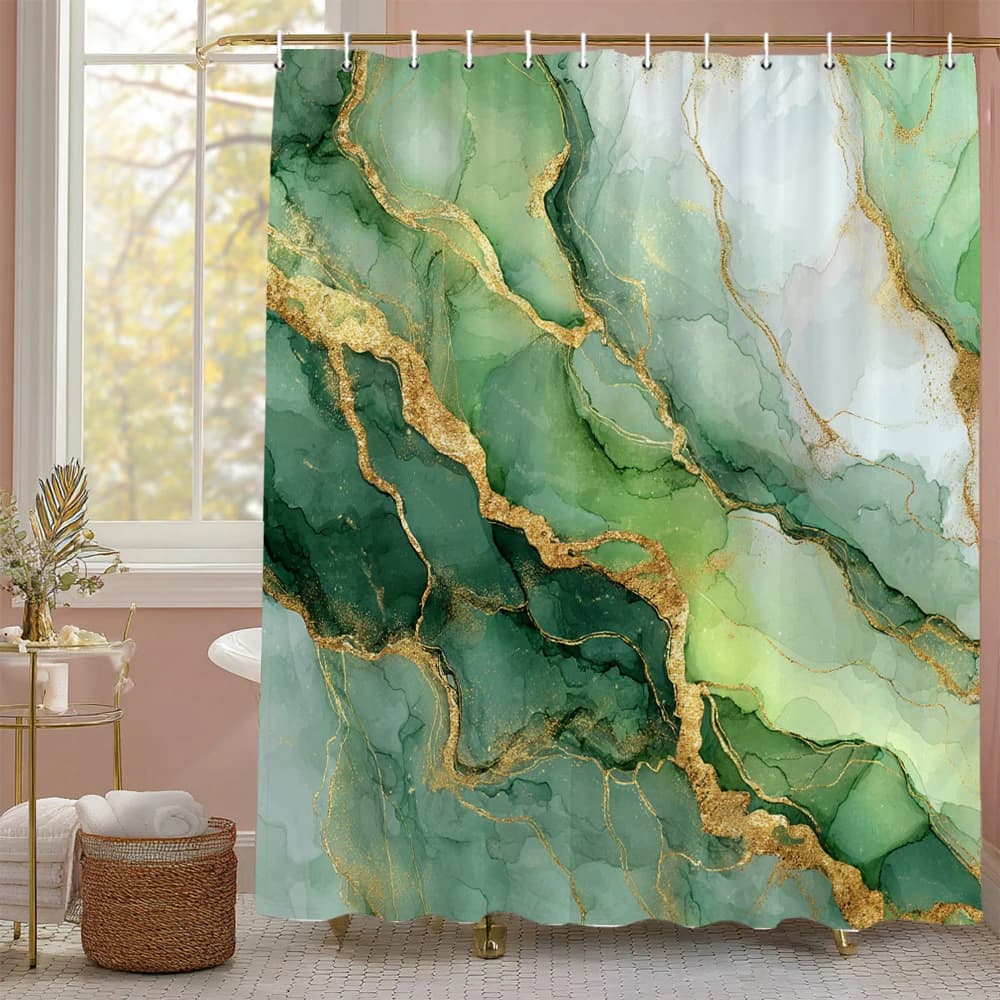 Tenda da doccia con flusso marmorizzato verde, tenda da doccia decorativa per bagno, tenda da doccia impermeabile con ganci