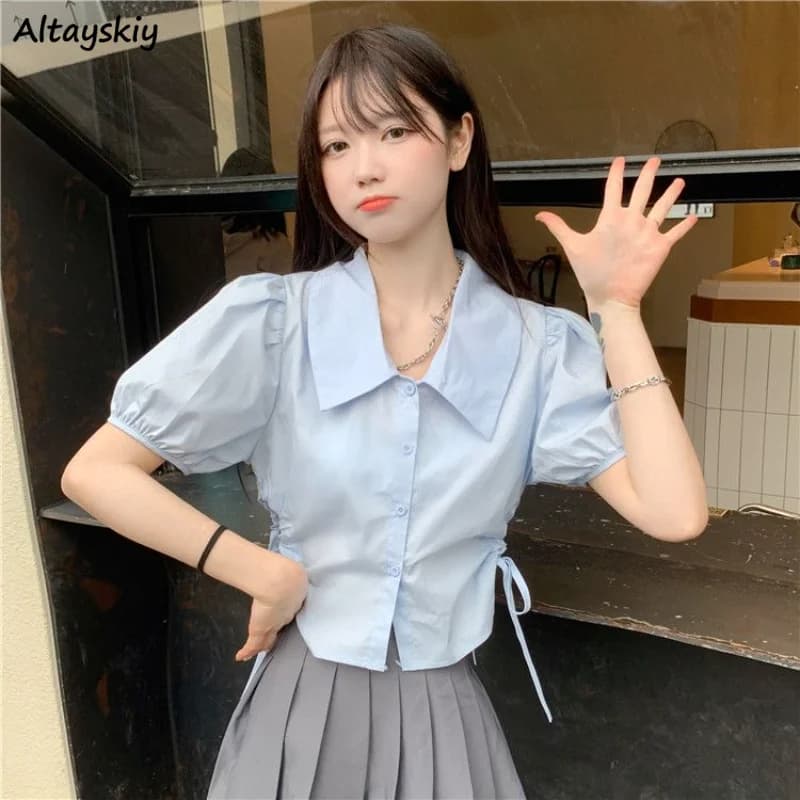 Camicie con fasciatura donna scava fuori Slim Hotsweet Solid All-match Summer studenti manica a sbuffo Fashion Ulzzang Personality Classic