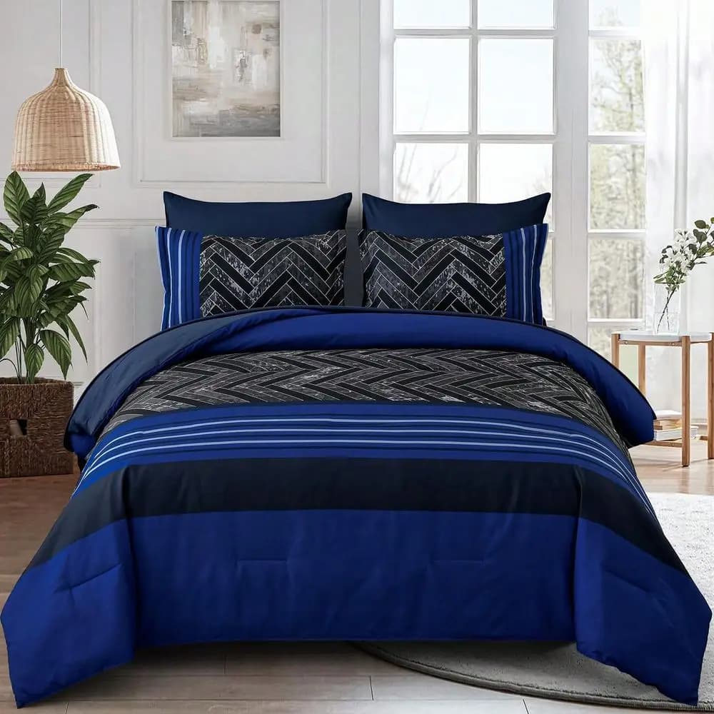Set Copripiumino a Righe Grigio Blu Nero Queen King in Microfibra Calda e Morbida, Set Completo di Biancheria da Letto con Lenzuola