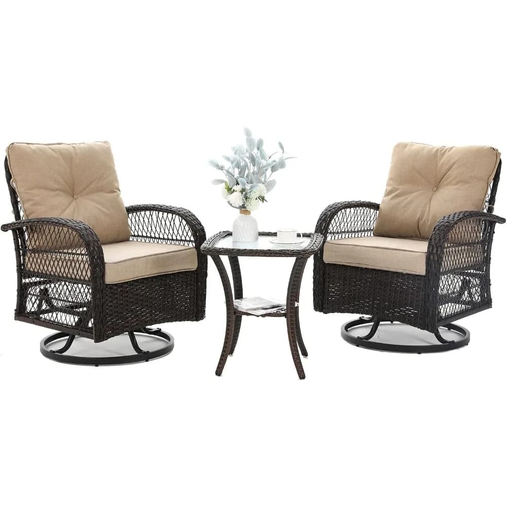 Garden furniture set, outdoor swivel barbell, patio bistro set in wicker with rocking chair, thick pillows