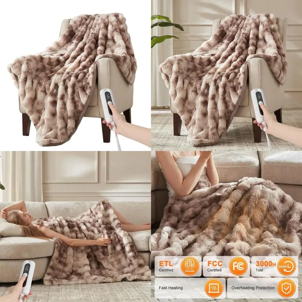Coperta elettrica in pelliccia sintetica a bolle spesse, 6 livelli di calore, spegnimento automatico 4 ore, 50x60, motivo tortora