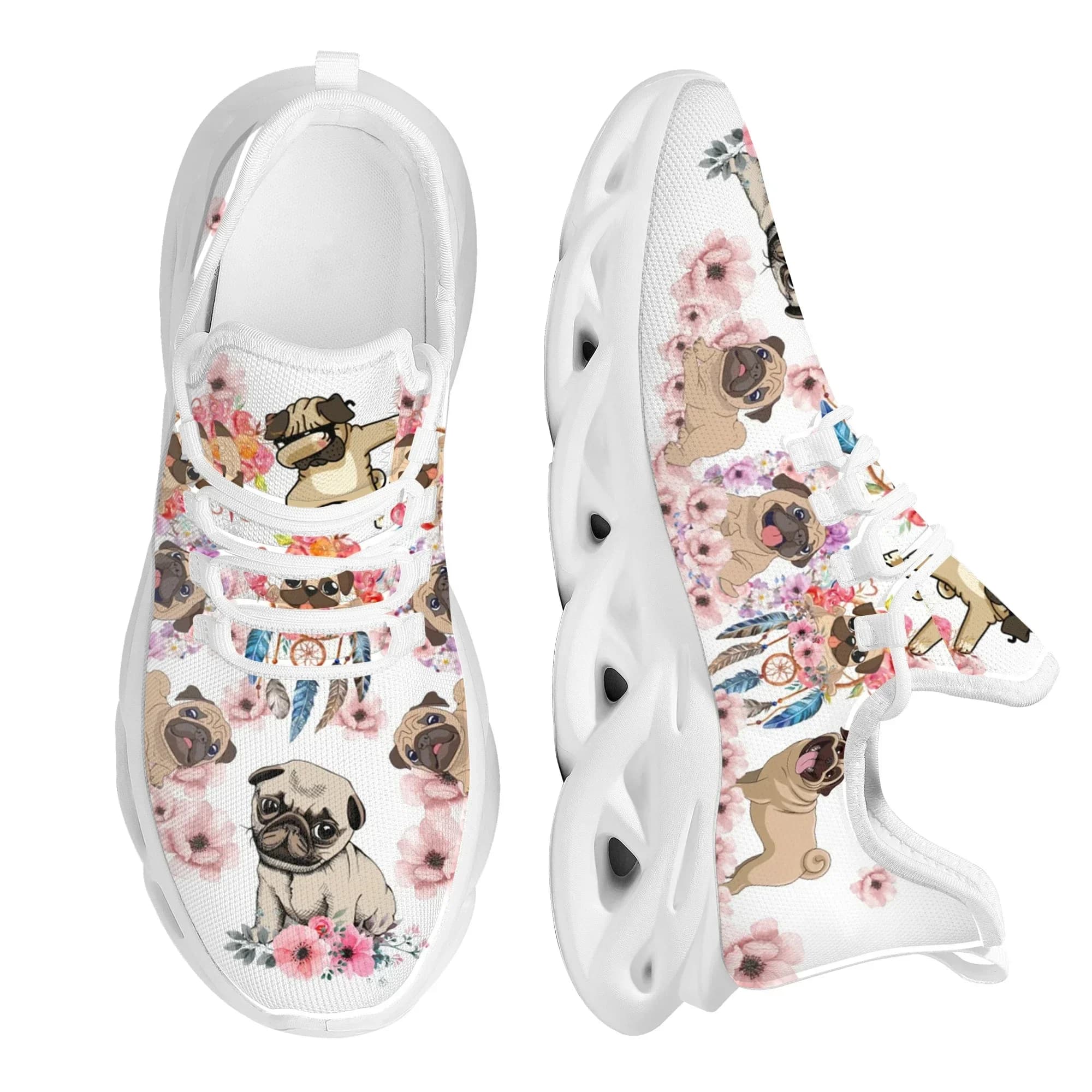 Women's net shoes with floral print and cute bulldog, with raised plateau, anti-slip, for dog lovers, ideal for running and tennis