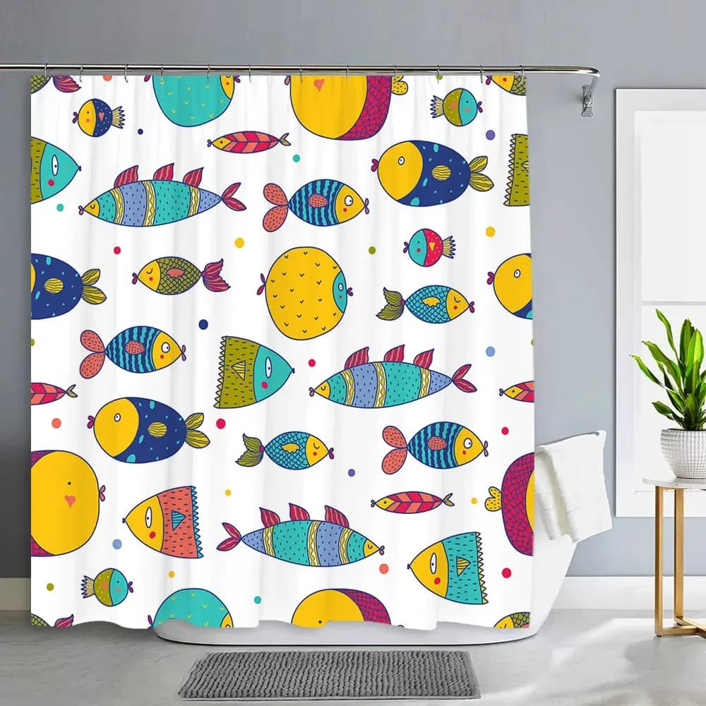 Ocean Shower Curtain for Kids Under The Sea Dolphin Fish Blue Decorative Bath Curtain Polyester Fabric