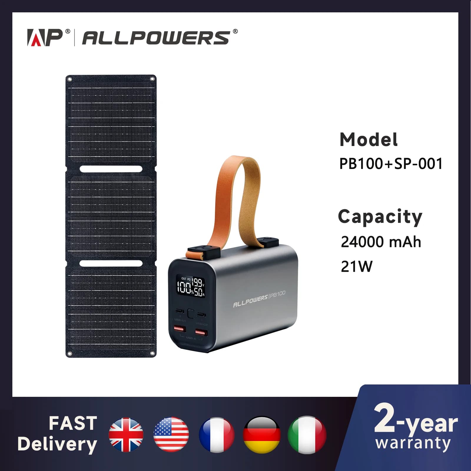 ALLPOWERS Power Bank PB 100W Powerbank a ricarica rapida con pannello solare da 21W Caricabatteria portatile per telefono portatile da campeggio